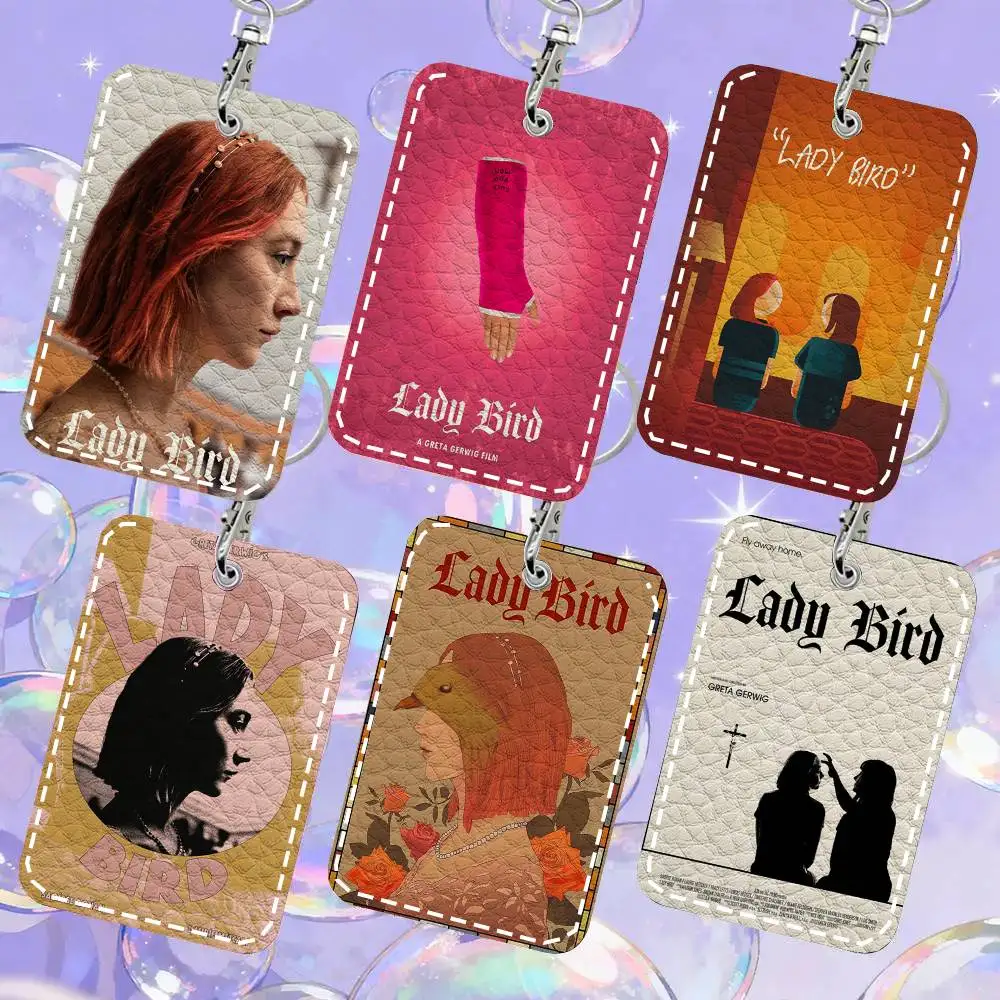 Lady Bird Movie Card Case Keychain Access Card Bag Key Tag Ring Leather Card Holder Key Ring Access