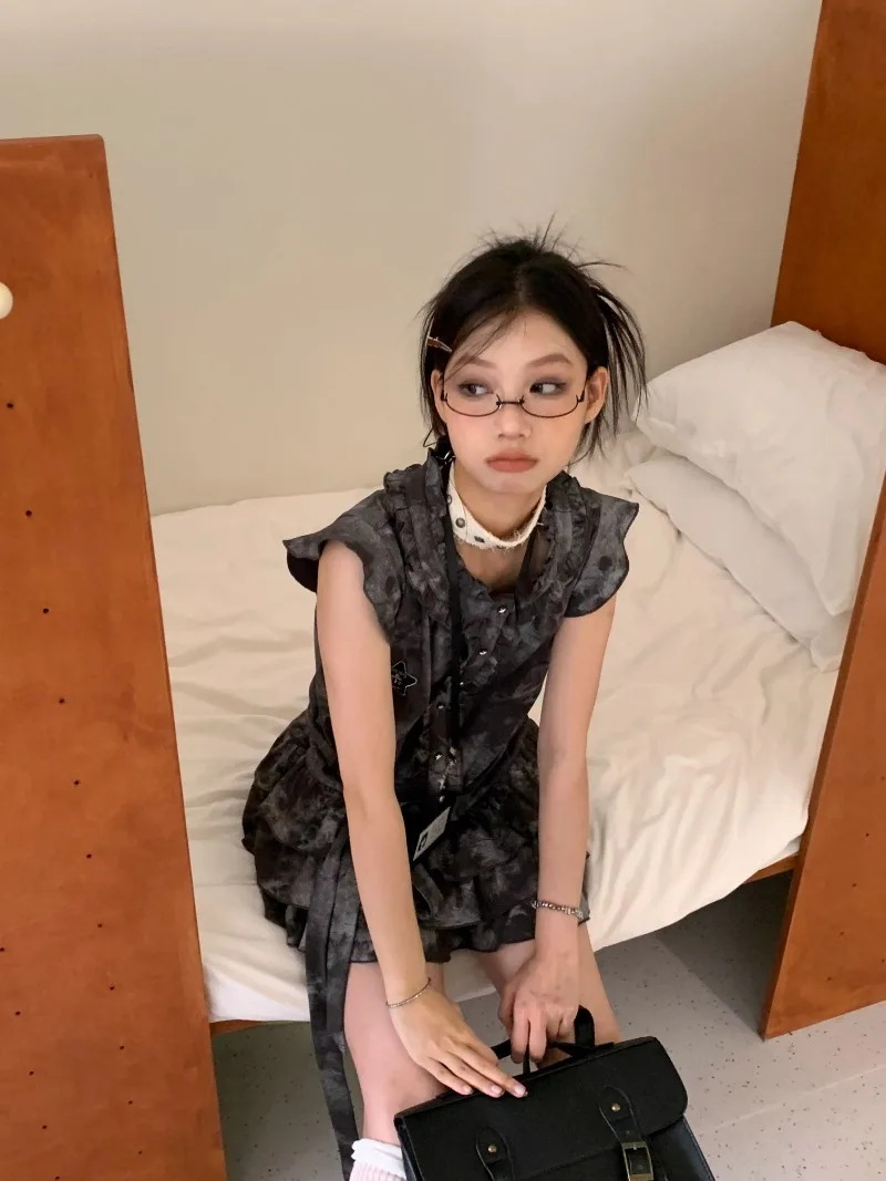 Japonês verão estilo universitário punk mangas voadoras rendas batendo unhas estrela bordado tie-dye em torno do pescoço vestido em camadas para mulher