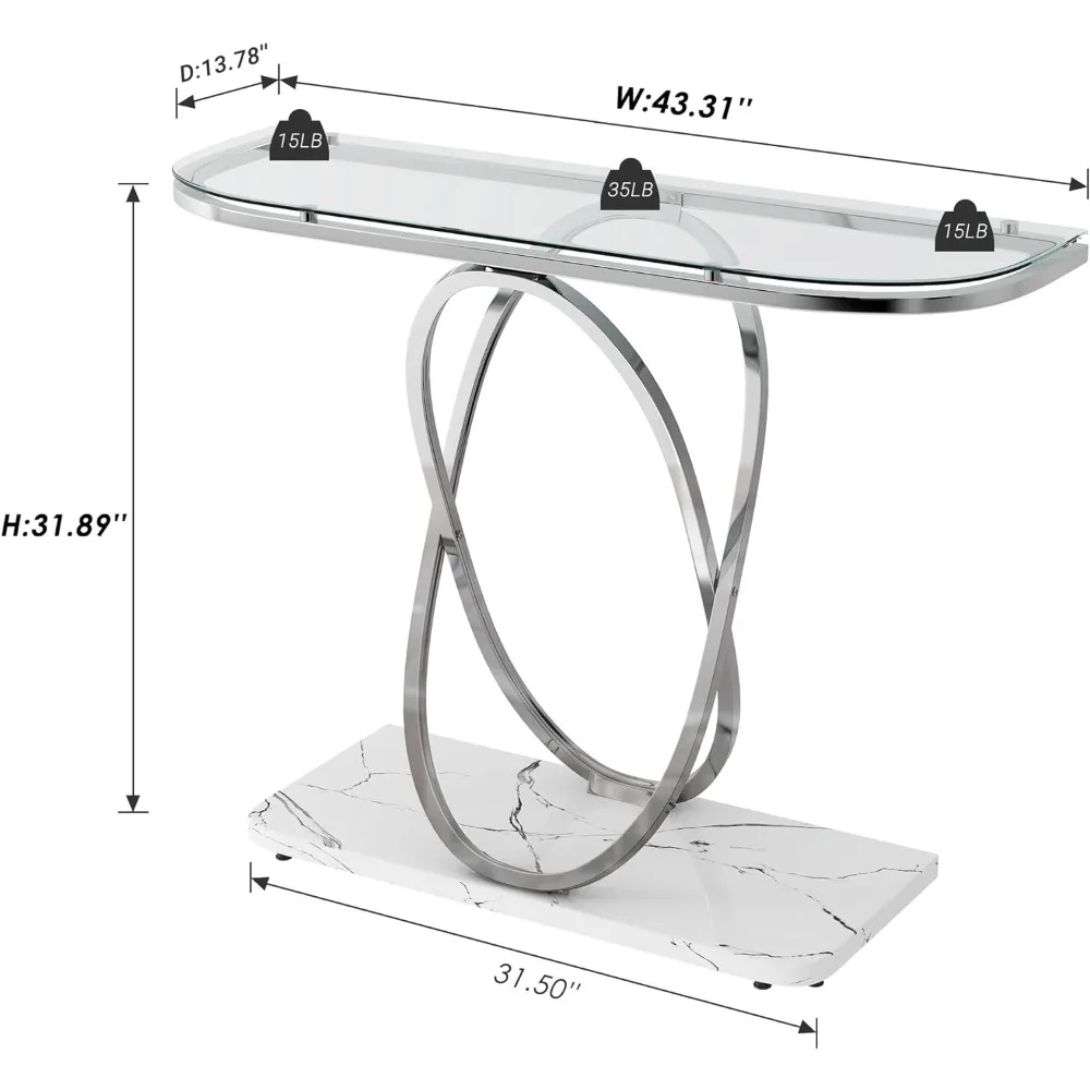 Glass Entrance Table With Oval Frames and Marble Base Modern Console Tables for Entryway Hallway Silver Glass&White Marble Room