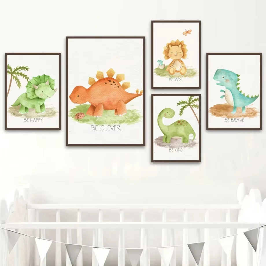 Triceratops Baby Pterosaur Dinosaur Mural Oil Painting Cartoon Nordic Poster Printing Children's Room Decoration Wall Painting