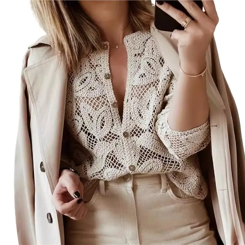 

CYL-Women Crochet Top Hollow Out Round Neck Retro Casual Knit Shirt Lace Top