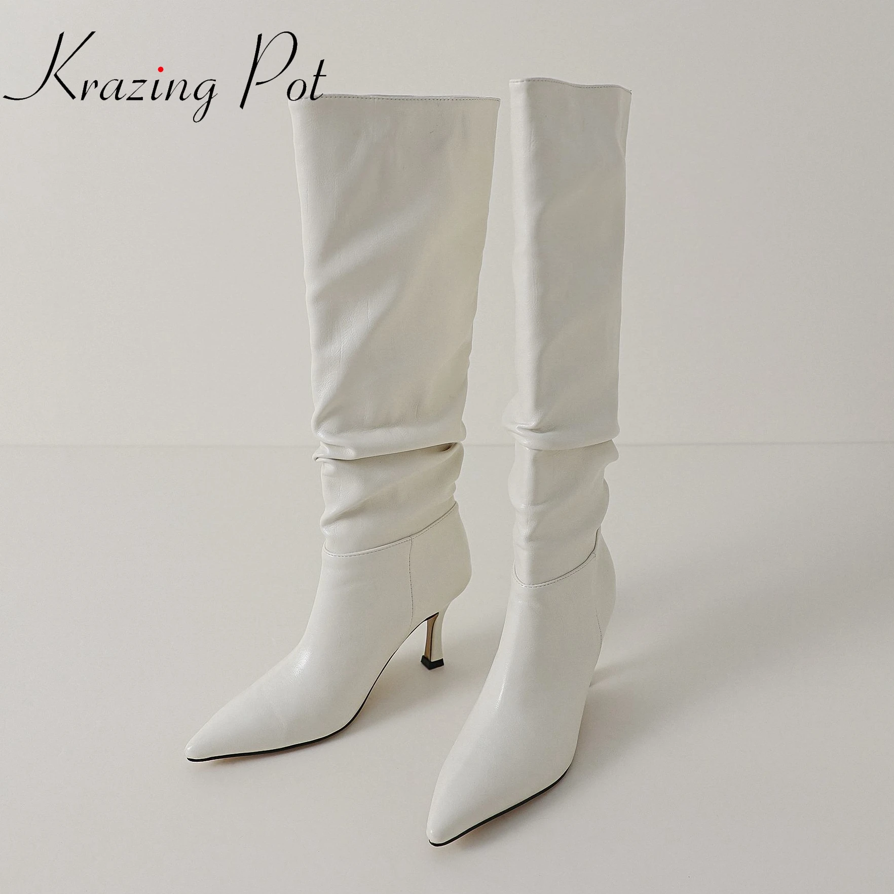 

Krazing Pot Cow Leather Pointed Toe High Heels Riding Long Boots Pleated Korean Girl Beauty Fashion Slip on Thigh High Boots
