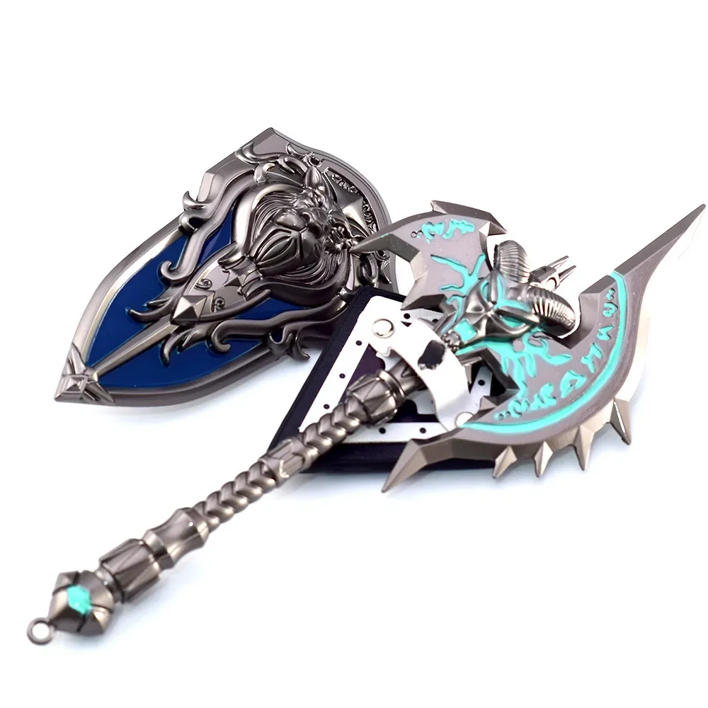 18CM World of Warcraft Shadowmourne Axe with Shield Game Periphery Model Ornaments with Keychain Cosplay Weapons Safe Boy Toy