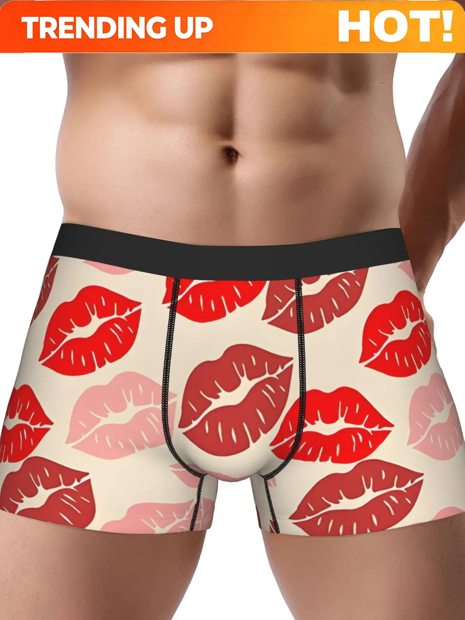 BIIHUDU Men's Boxer Briefs with Red & Pink Lipstick Kiss Print - Mid-Stretch Comfort Fit Underwear, Non-Transparent Fabric for C