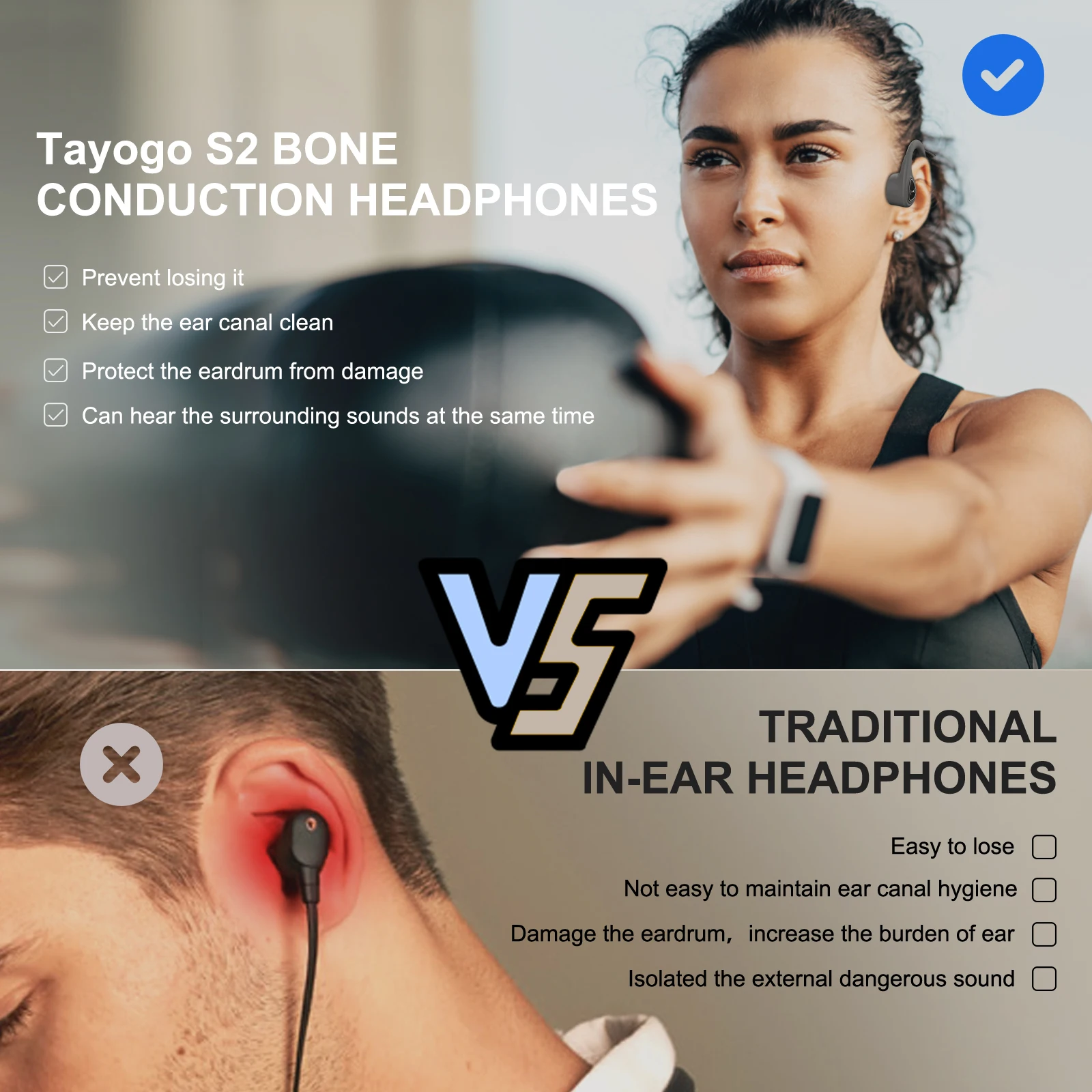 Tayogo Bone Conduction Headphones, Wireless Bluetooth Bone Conducting Earbuds, Open Ear Headset with Mic