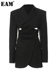 [EAM] Vrouwen Zwarte Bandage Uitgesneden Lange Blazer Nieuwe Revers Lange Mouw Loose Fit Jas Mode Tij Lente Herfst 2024 1DF1518