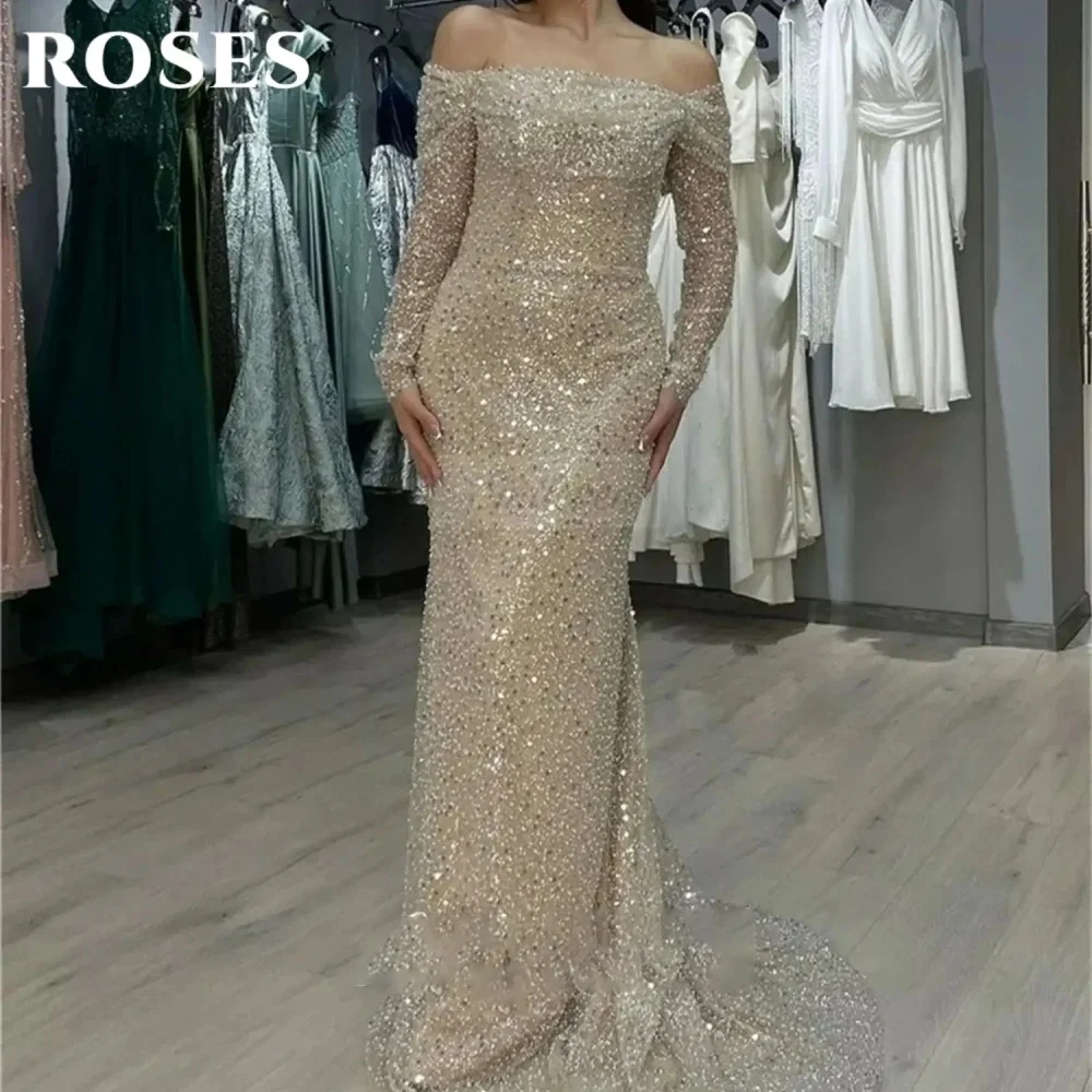 ROSES Ivory Off Shoulder Prom Dress Sequin Shiny Gorgeous Party Dresses Sheath Long Sleeves Popular Mermaid Wedding Dress 프롬 드레스