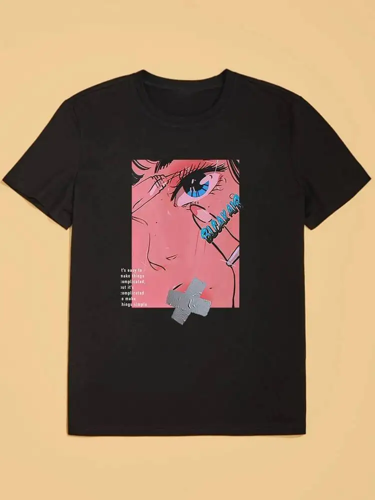 Anime Girl Graphic Print Solid T-Shirt, Short Sleeve Casual Japanese Top - New! New Fashion Top Tees