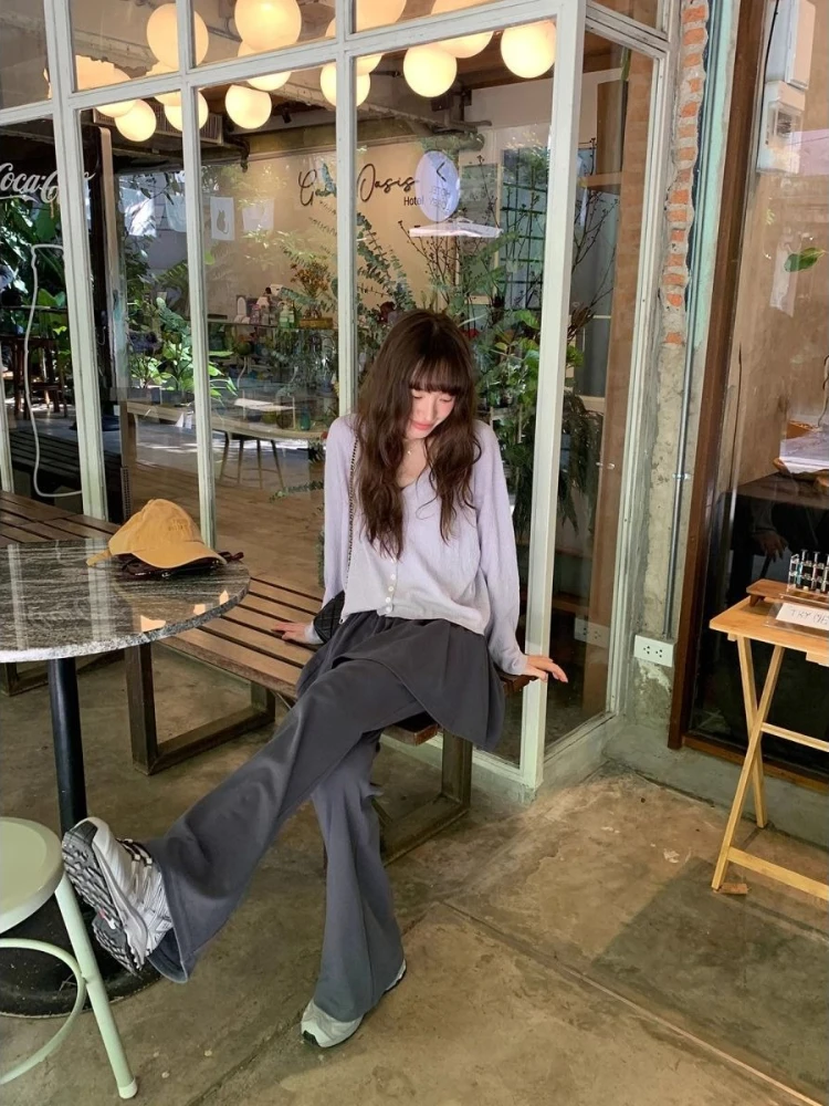 Deeptown Gray Fake Two-Piece Flared Pants Women Korean Fashion Skirts Patchwork Trousers Slim Casual Street Coquette Pantalones