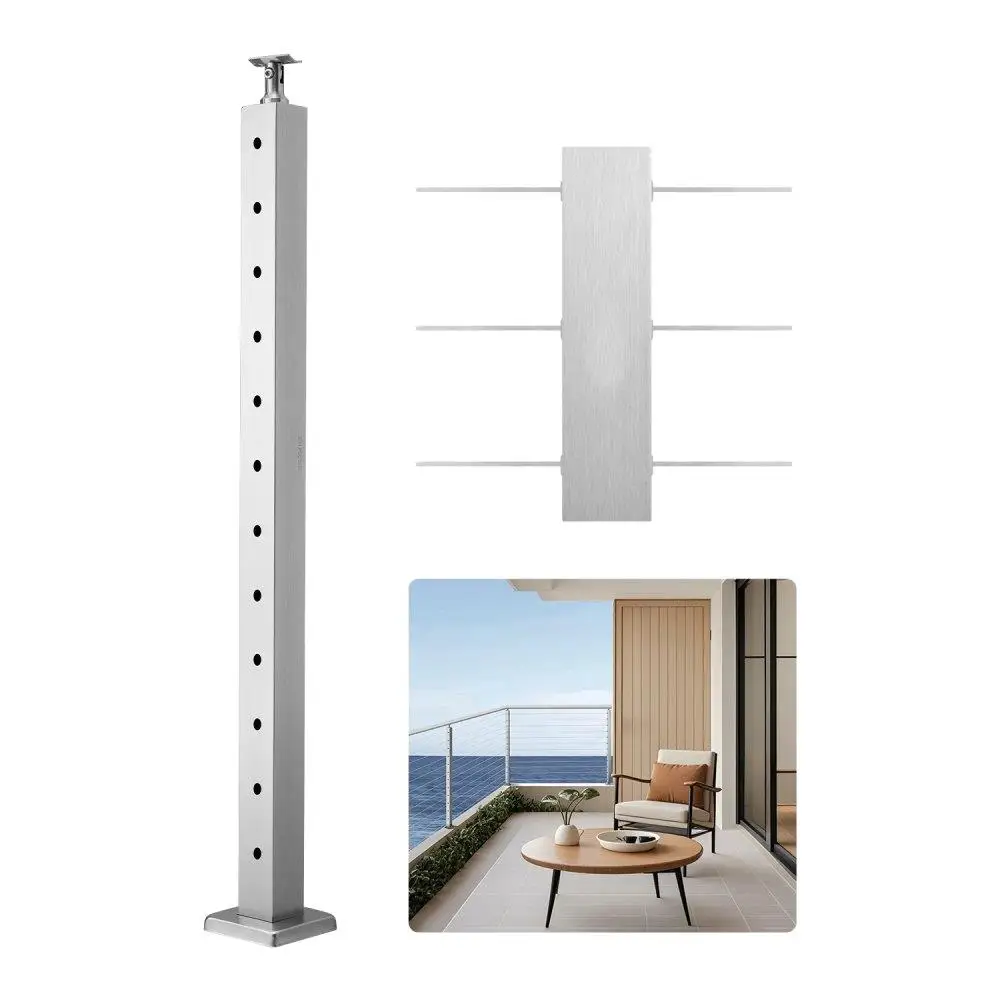 

Stainless Steel Cable Railing Post 42x2x2 Inch Level Deck Stair Handrail Post Pre-Drilled Pickets with Mounting Bracket Silver