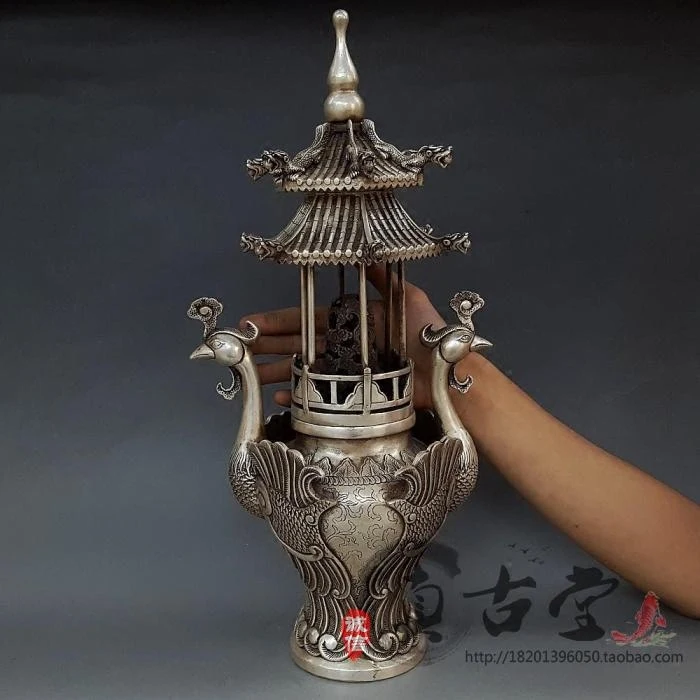 Antique Brass Silver Plated Large Dragon And Phoenix Tower Furnace Ornaments, Fragrant Sandalwood Furnace, Aromatherapy Furnace