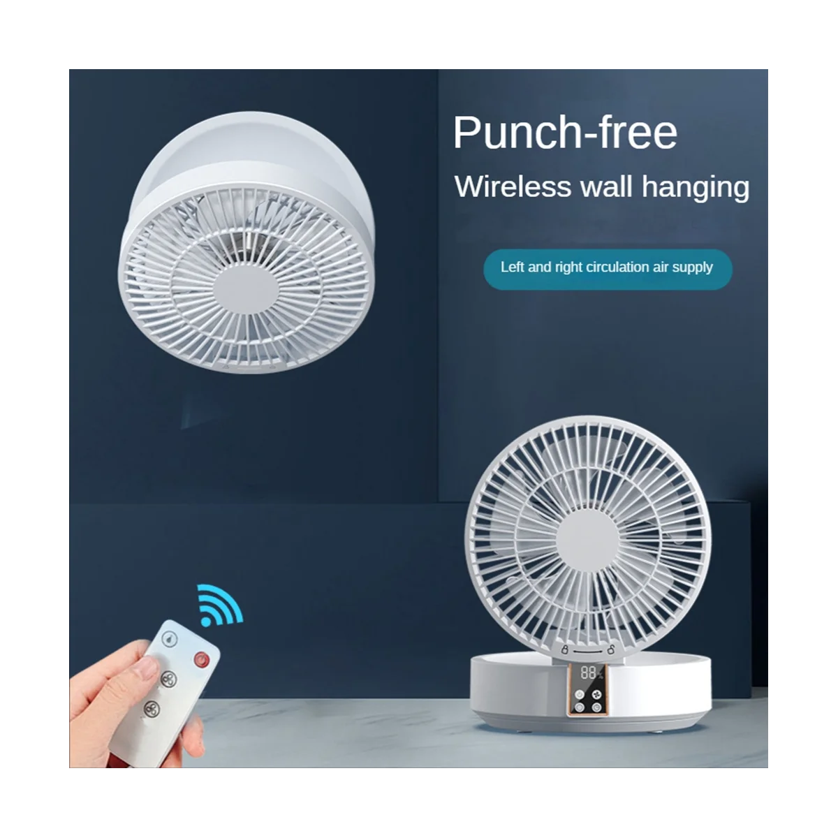 Remote Control Wireless Circulating Air Cooling Fan with LED Light Folding Electric Wall-Mounted Fan Desktop Fan Blue