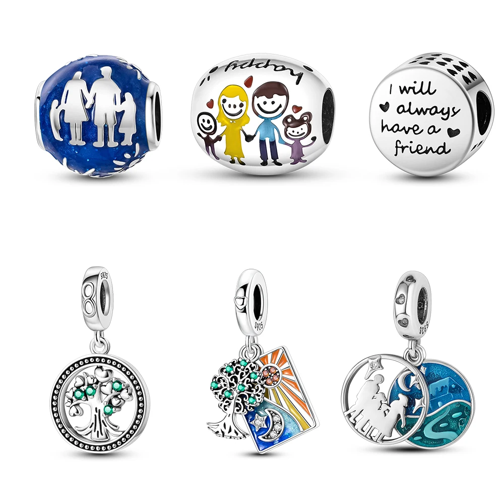Versilberte 925er Silber-Charms „Happy Family“ für Original 925er Armbänder, Perlen, Schmuck, Geschenke für Frauen