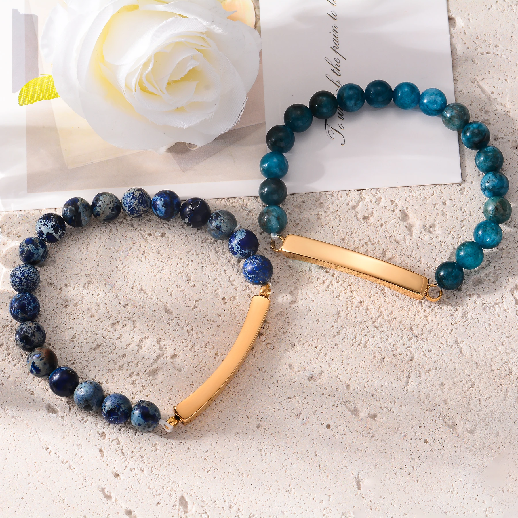 Gelang Kremasi Modis untuk Abu Batu Alam Warna-warni Batang Baja Tahan Karat Perhiasan Peringatan Kenang-kenangan Teks Nama Kustom