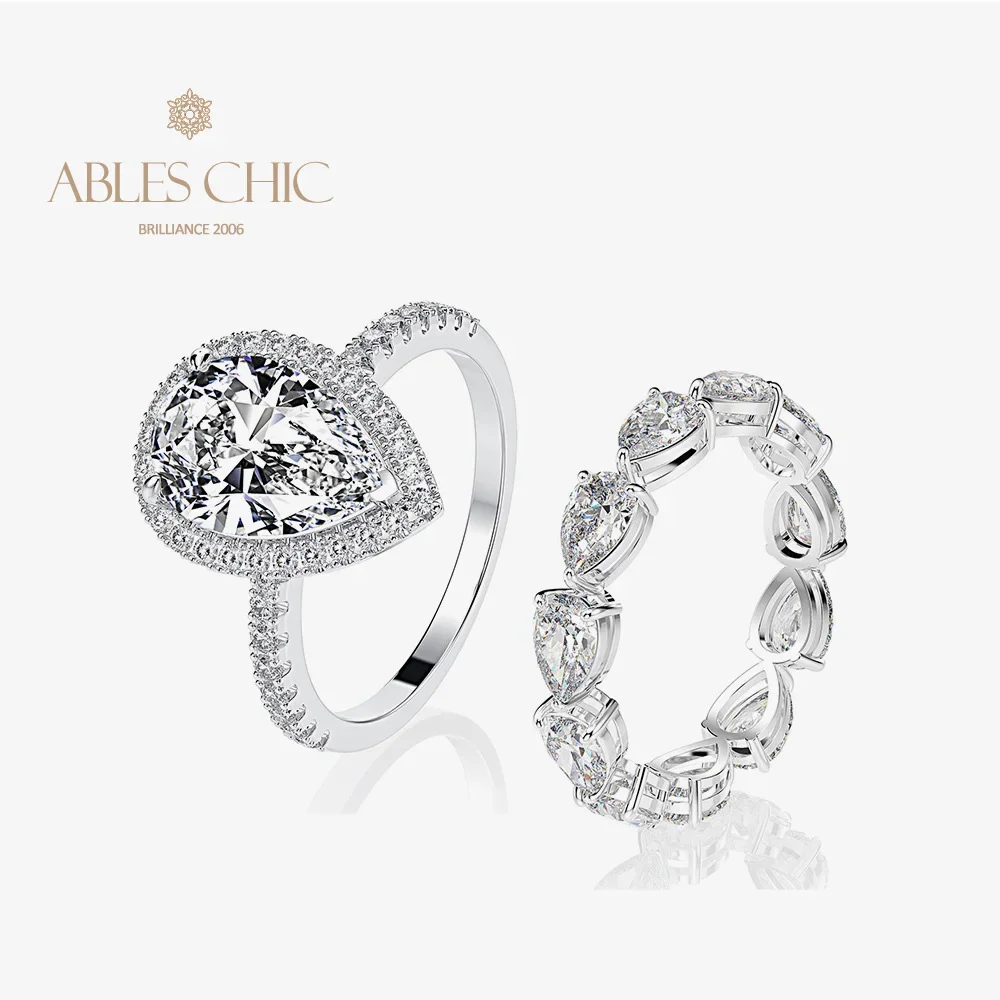 Ables Chic 7ct Pear Lab Diamond Paved Floral Wedding Set Ring Solid Silver Teardrop Stack Engagement Rings S2R1S2R0928