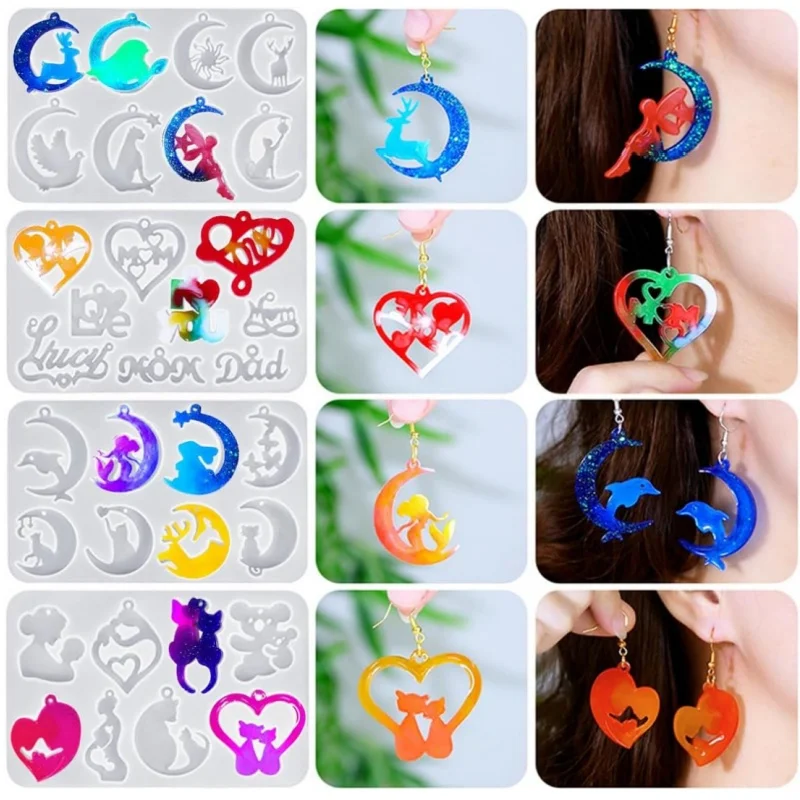 Earrings Crystal Dropper Resin Mold DIY Moon Heart shaped Love Pendant Earrings Jewelry Silicone Mold