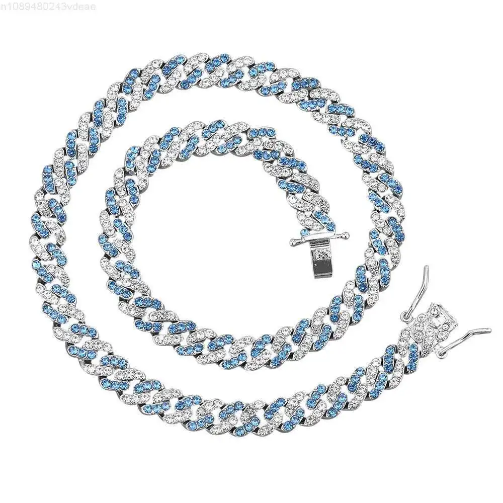

Hip Hop Iced Out Cuban Chain Alloy Rhinestones 9mm Cuban Link Chain Necklace Bracelets Cheap Rapper Jewelries