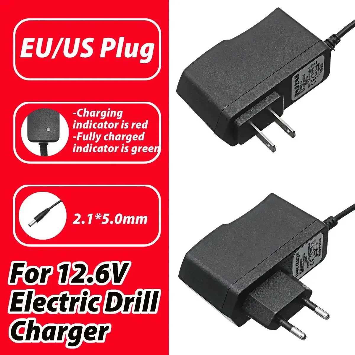 

1Pc AC110-240V DC12.6V Long service life Power Adapter Charger with EU Plug and US Plug for Lithium Electric Drill /Screwdriver