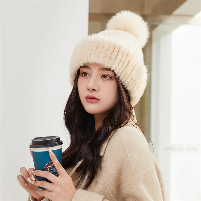 Hot Selling Winter Hats Real Mink Fur Winter Hats For Women Fashion Warm Beanie Hats For Women Solid Adult Caps