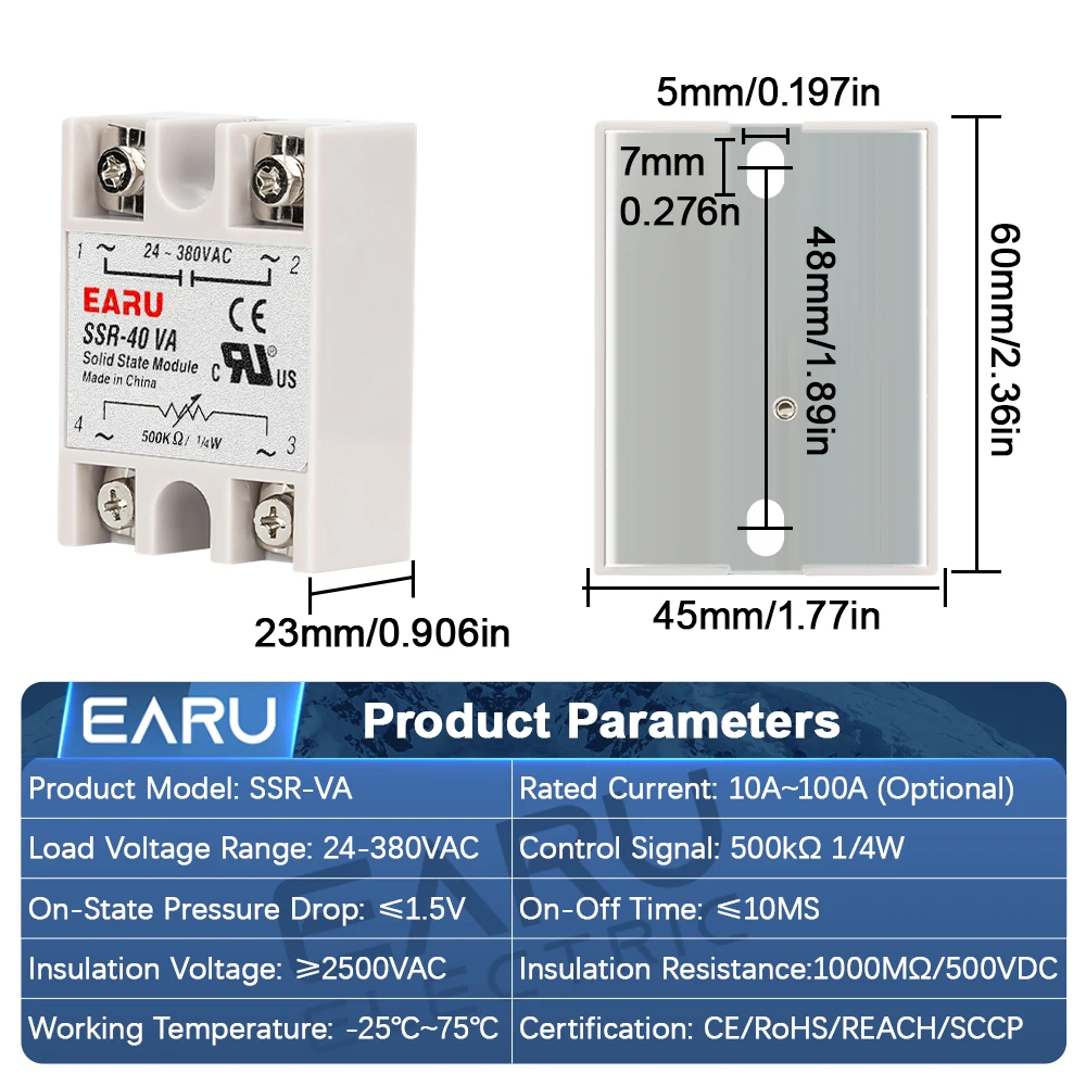 EARU SSR-25VA SSR-40VA SSR-25LA SSR-40LA Single Phase AC Solid State Relay 10A/25A/40A/60A/80A/100A Voltage Current Regulator