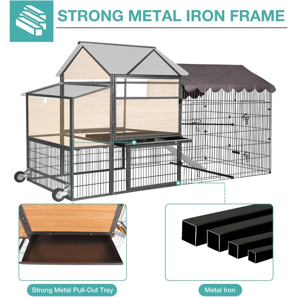 Mobile Chicken Coop,Large All-Steel Frame Hen House for 6-8 Chickens Poultry Cage with Nesting Box Metal Run,Waterproof Cages.