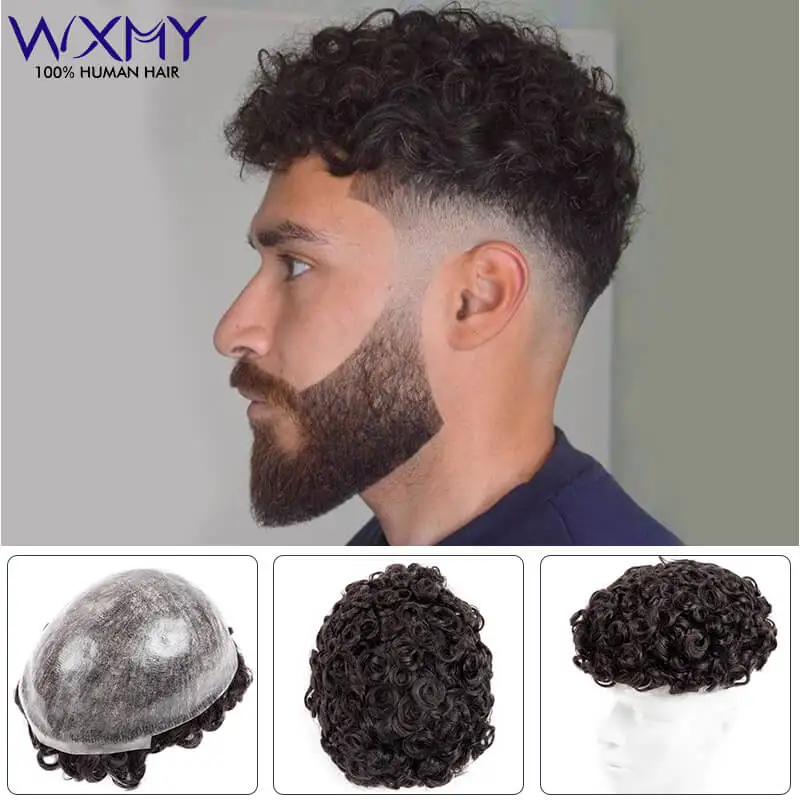 

20mm Curly Man Wig Injected Skin Base Toupee Men Exhuast Systems 6" Indian Natural Remy Human Hair Men Wig Male Hair Prosthesis