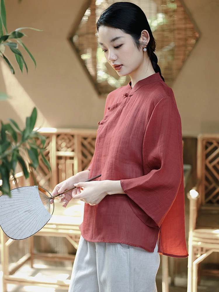 ผู้หญิงสไตล์จีนสบายๆเสื้อยืดใหม่มาถึง 2025 ฤดูร้อนVINTAGE Mandarin COLLARสีทึบหลวมหญิงเสื้อTees m1202