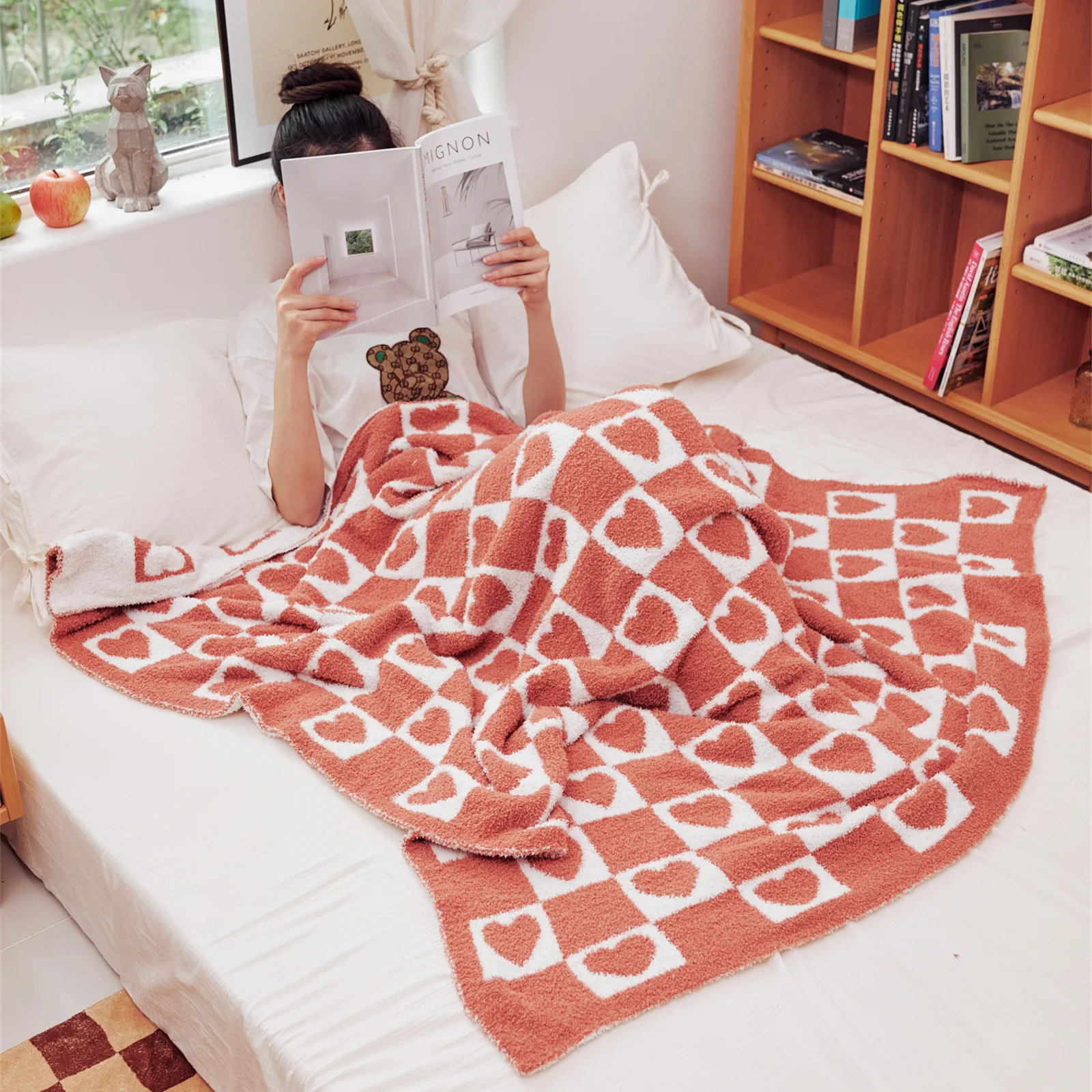 

Red Love Checkerboard Thread Blanket Geometric Half Edge Velvet Knitted Thread Sofa Blanket Four Seasons Leisure Travel Quilt