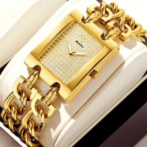 YaLaLuSi Gold Square Iced Out Crystal Women Watch Chunky Cuban Link Bracelet Full Paved Rhinestone Dial Elegant Ladies Waterproof Quartz Wristwatch