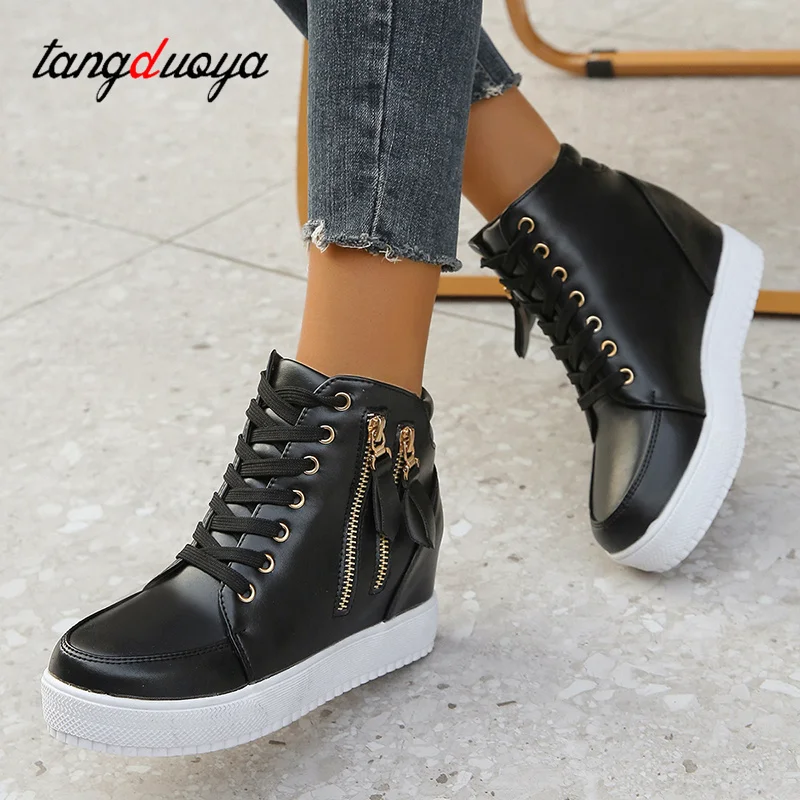 Platform trainers women high top sneakers hidden heel double zipper leather shoes casual ankle boots for women black