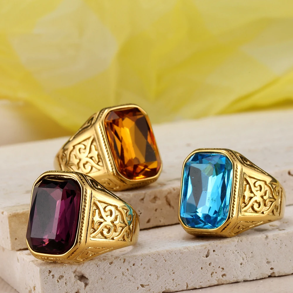 Punk Hip Hop Rock Blue Black Red Stone Rings Men Women Fashion Geometric Shape Anniversary Party Wedding Luxury Jewelry Gift