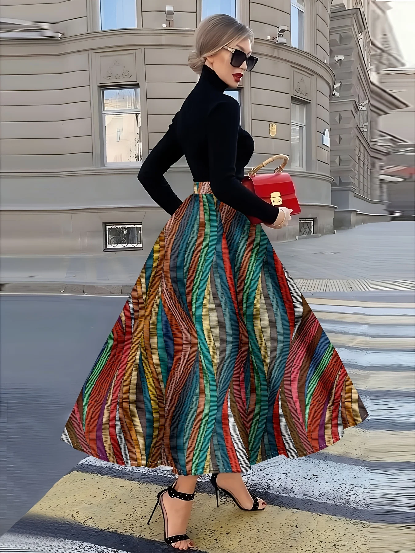 Printed Design four seasons casual style Colorful Striped Wavy Pattern Print half skirt
