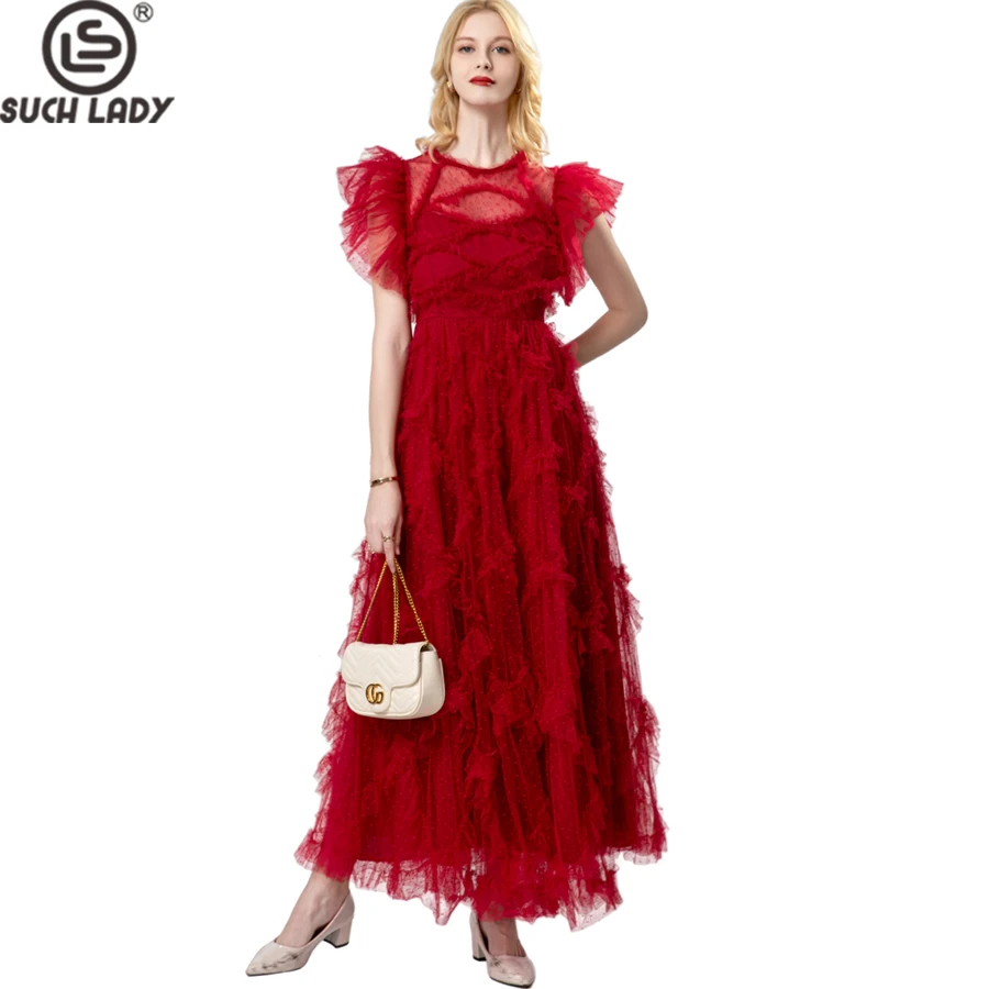 Vestidos femininos o pescoço babados mangas alargamento em camadas elegante designer de moda maxi festa baile vestidos