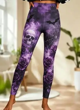 Women Mid‑Rise Fleece Lined Leggings, Halloween Purple Black Gradient Skull Rose Spider Web Bat Print Slim Stretch Pants