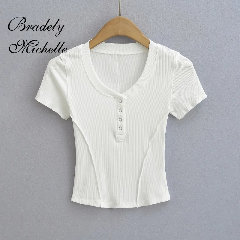 Single Breasted Summer New O-neck Solid Women Short Sleeve Tops Sexy Pullover Bottoming Blouses T-shirt