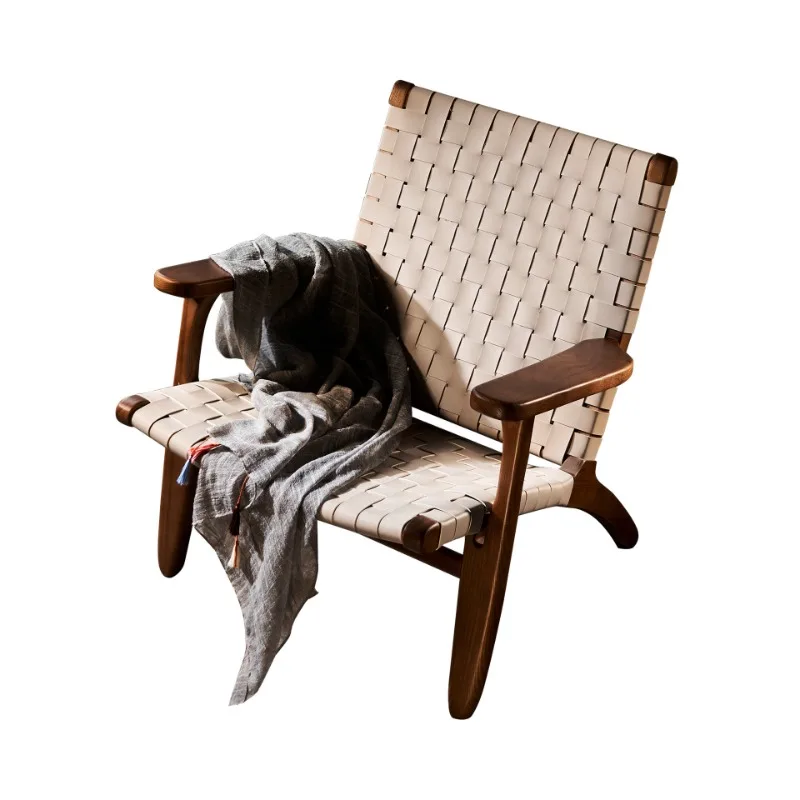 

Rattan Master Nordic Balcony Leisure Solid Wood Saddle Leather Single Sofa Armrest Wabi Sabi Wind Retro Homestay