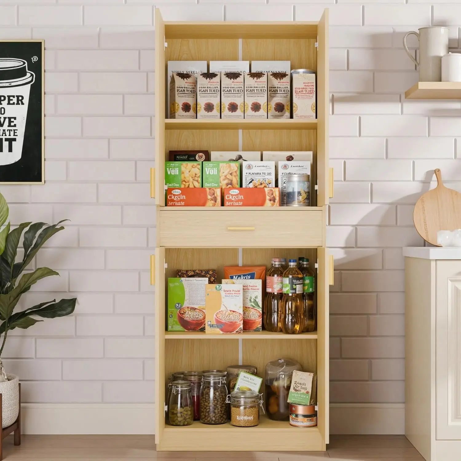 خزانة مخزن، خزانة تخزين المطبخ بطول 71 بوصة مع أبواب ورفوف، خزانة خشبية قائمة بذاتها مع درج