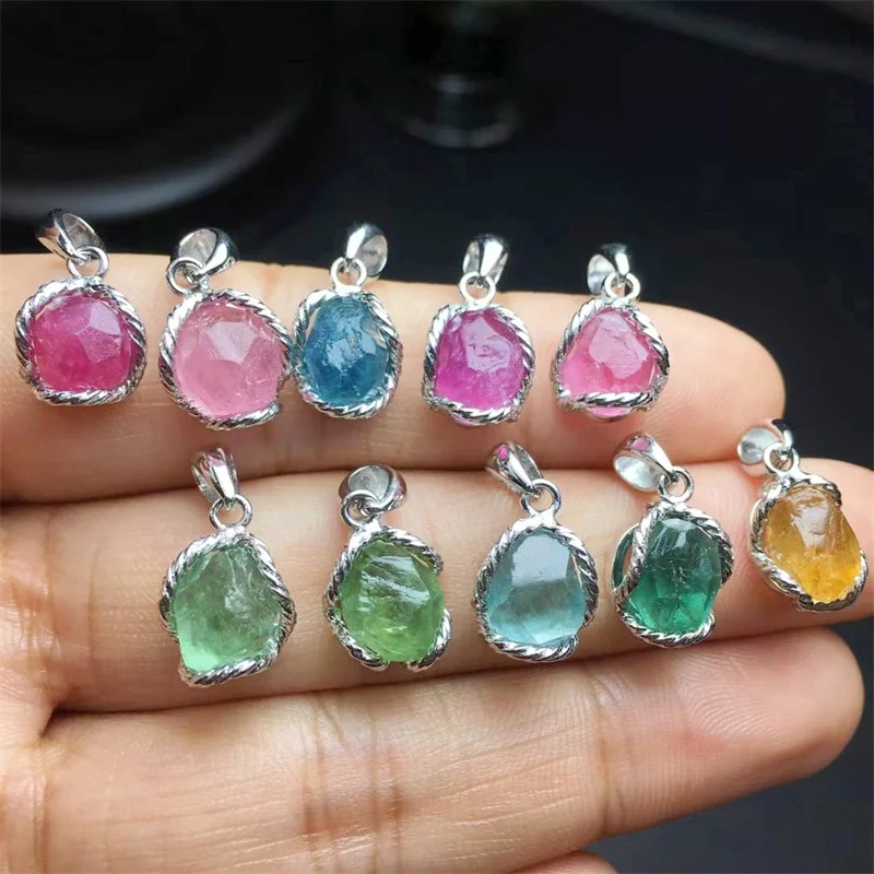 S925 Natural Clear Colored Tourmaline Pendant Sterling Silver Crystal Reiki Healing Stone Fashion Women Men Gift