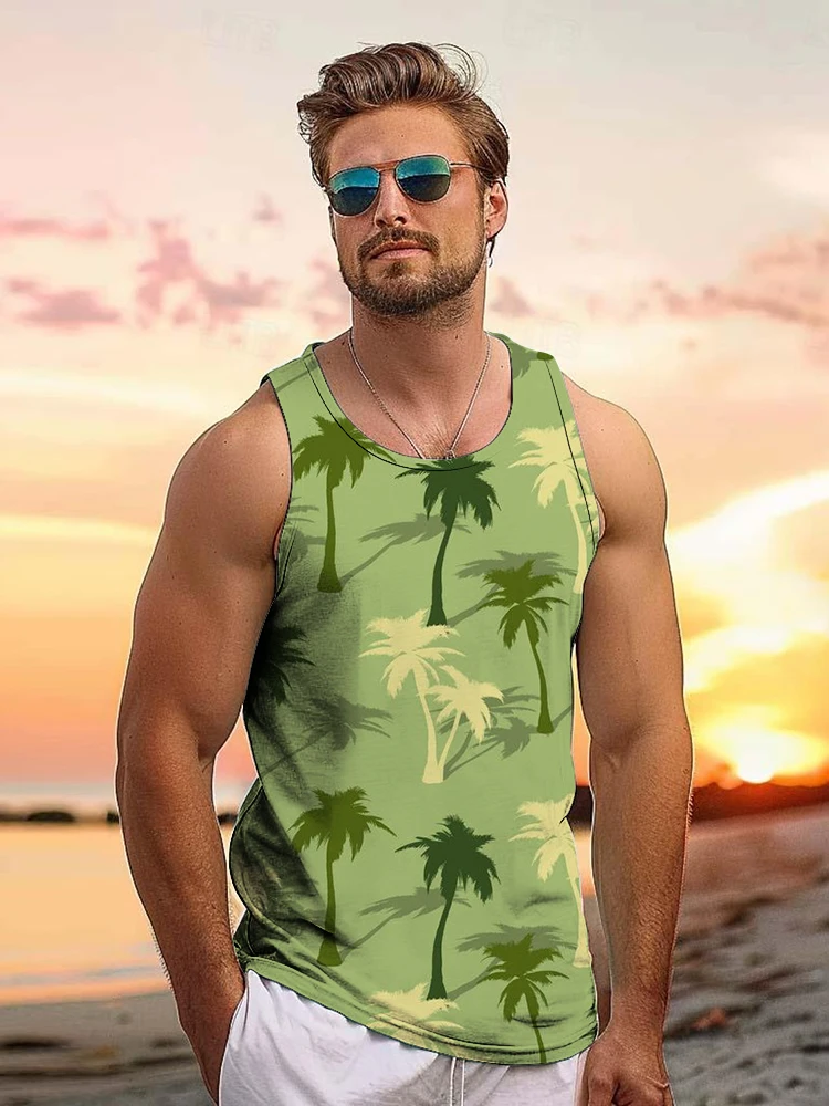 Hawaiian Style Men's Tank Tops Seaside Vacation Casual Tops Summer Travel Loose Comfortable Men's Tank Tops Tropical Palm Print