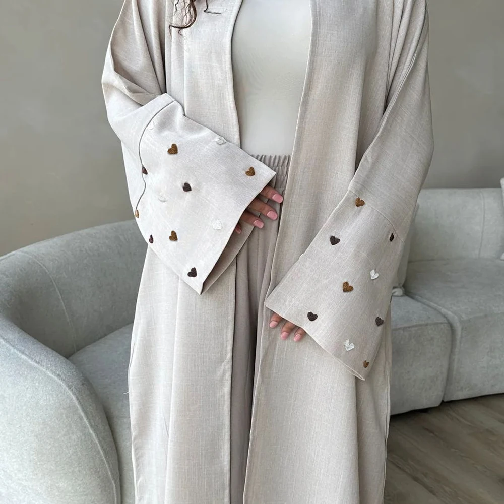 Abaya abierta con bordado de amor para mujer, Kimono liso de Dubái, elegante cárdigan musulmán, ropa islámica, 2024