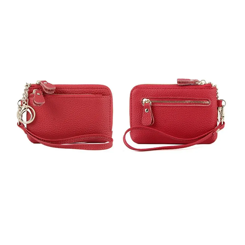 Fashion Cowhide Wallets Multi Functional Multi Card Slots Zipper Purses Solid Color Keychain Wallet Women