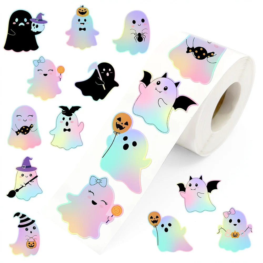 Cute Ghost Holographic Stickers Roll Waterproof Adhesive Labels For DIY Scrapbook Stationery Baking Envelope Sealing Decoration