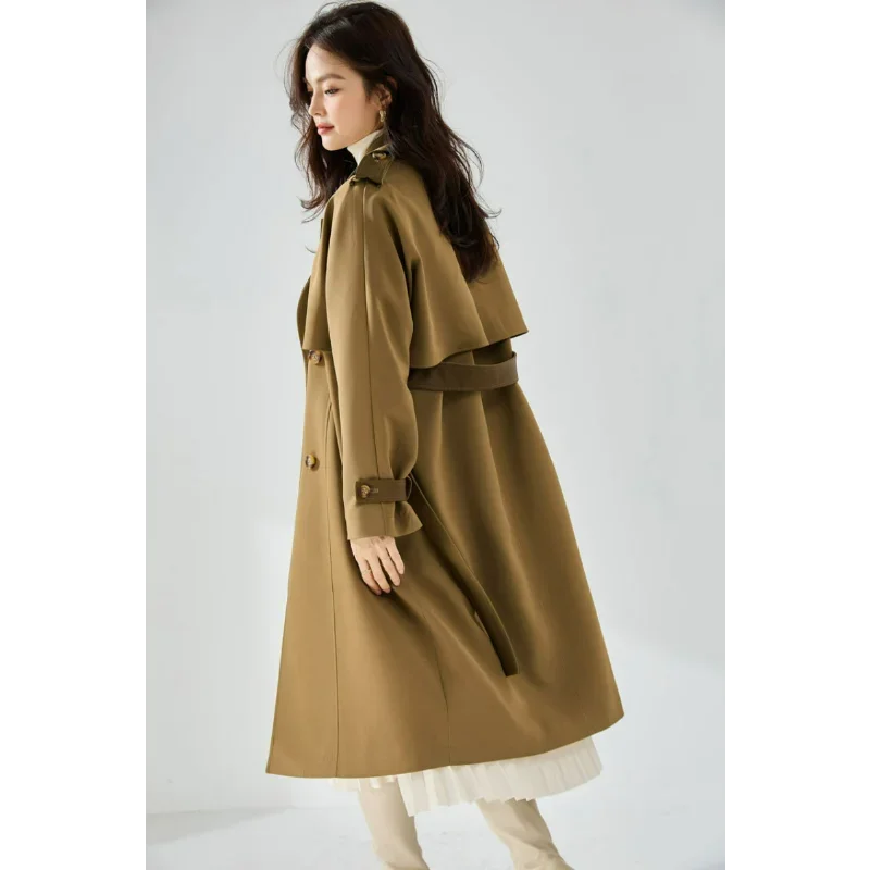 Autumn Khaki Trench Coats Women Belt Windbreaker Jackets Leather Epaulettes Elegant Mid-Length Top Loose Straight Lapel Clothing