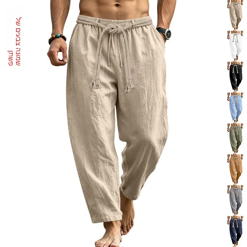 Men's Linen Hula Holiday Commute Breathable Drawstring Straight Leg Pants Summer Casual Loose Fit Neutral Pure Color