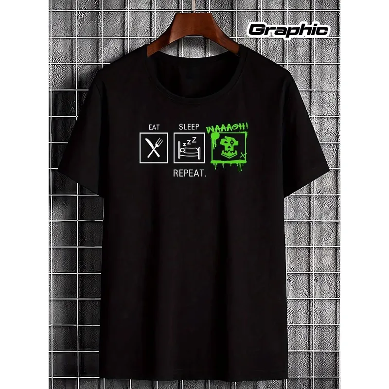 Men's T-shirt 40K Orc T-shirt - Eat, Sleep, Game Repetitive Pattern T-shirt Soft Breathable Top Game T-shirt