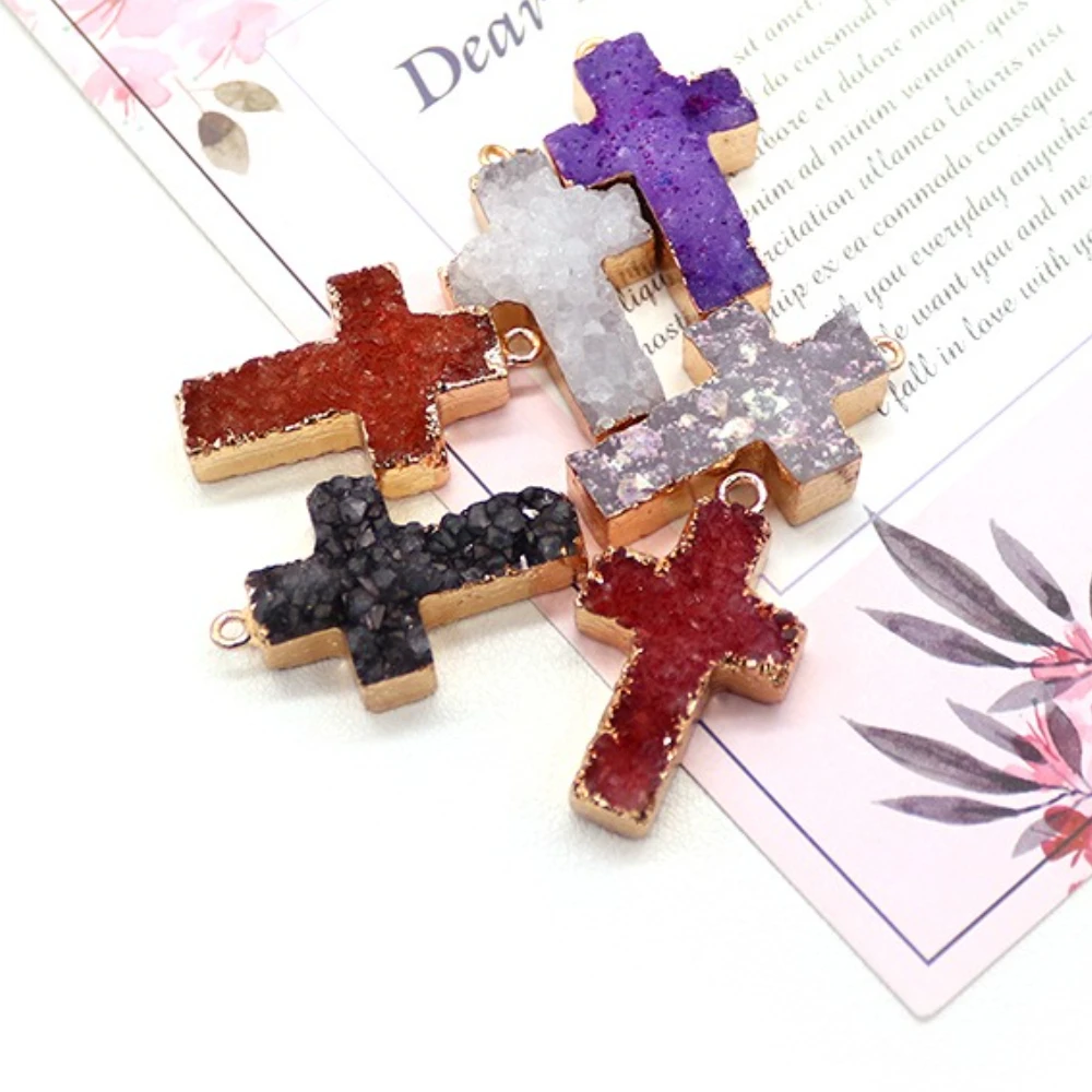 Vintage Classic Natural Stone Dyed Colored Crystal Inlaid Cross-shaped Edged Single-hole Pendant DIY Necklace Jewelry Accessory