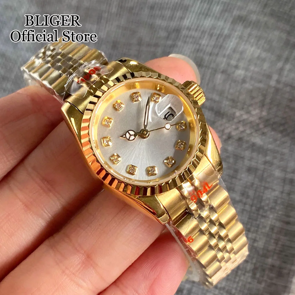 

BLIGER 26mm NH05A Automatic Women Watch Sapphire Glass Two Tone Gold Silver Dial Diamond Index Steel Bracelet Ladies Watch