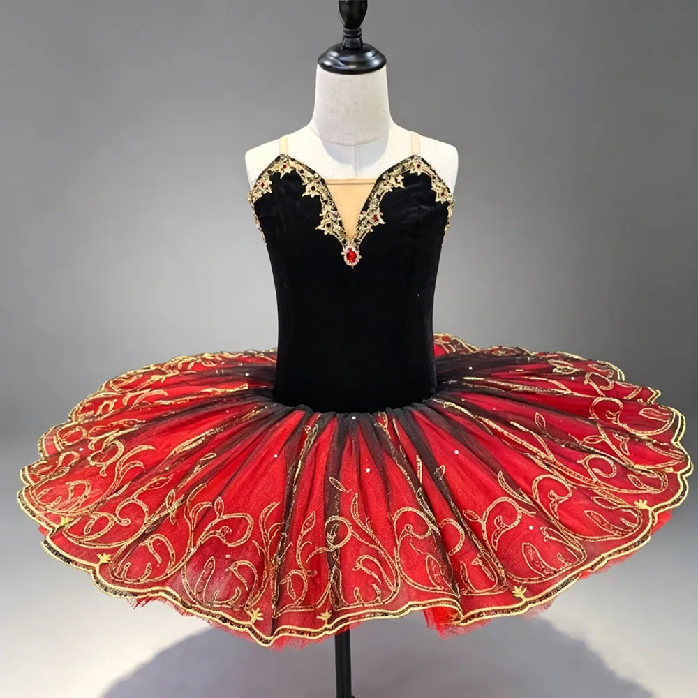 Tutú de Ballet Paquita de Terciopelo Rojo y Negro para Competencia, con Bordado Dorado y Cristales, Tutú de Ballet Tipo Pancake