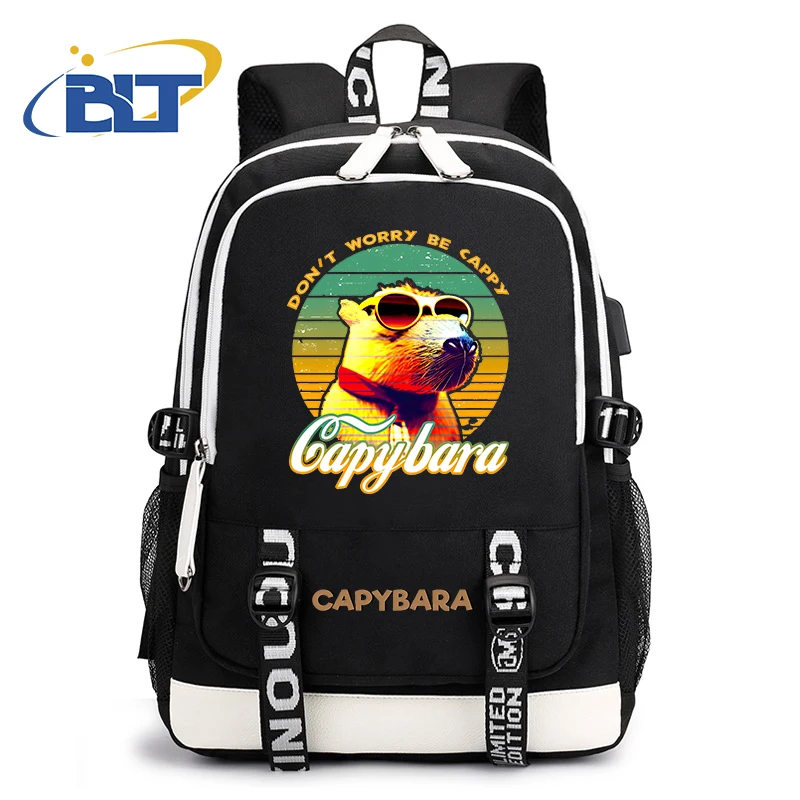 Cute Animal Capybara Printed Student Schoolbag Youth USB Backpack Black Travel Bag Kids Gift