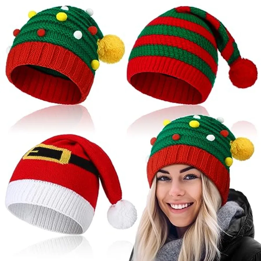 

Funtery 3 Pcs Christmas Knitted Santa Hats Elf Hat Crochet Christmas Beanie Xmas Party Caps for Adults Women Men